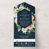 Blush White Bloom Navy Blue Hexagon Wedding All In One Uitnodiging (Binnen)