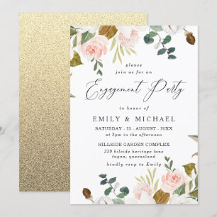 Blush & White Floral Gold Glitter Engagement Party Kaart