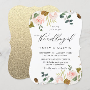 Blush & White Floral Gold Glitter Weddenschap Kaart