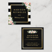 Blush White Floral Gold Lijst Black White Stripes Vierkante Visitekaartje (Voorkant / Achterkant)