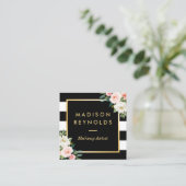 Blush White Floral Gold Lijst Black White Stripes Vierkante Visitekaartje (Staand voorkant)
