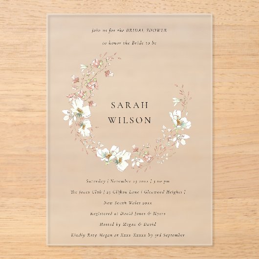 Blush White Floral Wreate Vrijgezellenfeest Invite Acryl Uitnodigingen (Voorkant)