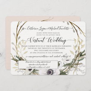 Blush White Floral Wreath Rustic Virtual Wedding Kaart