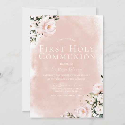 Blush White Flowers First Heilige Communie Kaart (Voorkant)