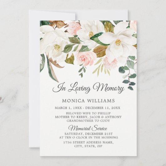 Blush & White Flowers in Loing Memorial Service Kaart (Voorkant)