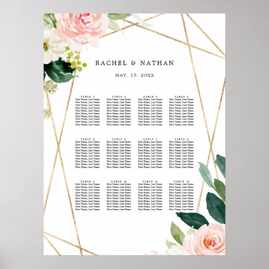 Blush White Gold Floral Wedding Seating Chart Poster (Voorkant)