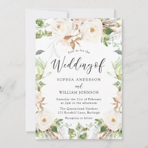 Blush & White Green Leaf Floral Wreath Wedding Kaart