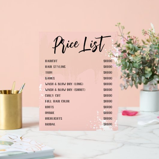 Blush White Paint Spatter Chique Salon prijslijst Acryl Bord (Huwelijk)