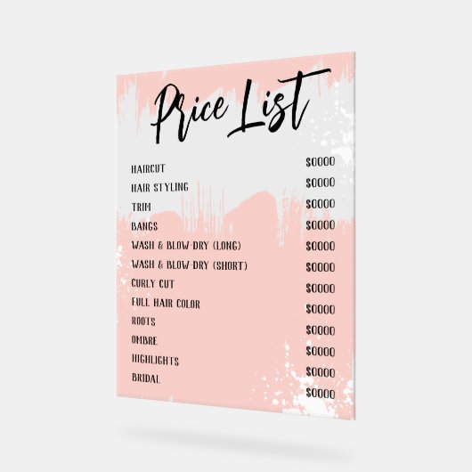 Blush White Paint Spatter Chique Salon prijslijst Acryl Bord (Hoek)