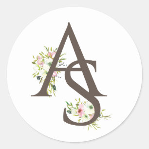 Blush & white rises monogrammen bruiloft ronde sticker