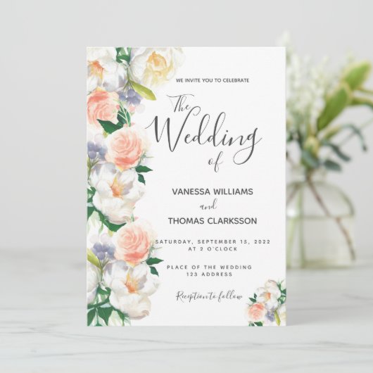 Blush white rose Gold script bruiloft Kaart (Staand voorkant)