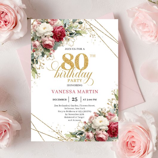 Blush white roses elegant 80th birthday invitation