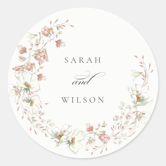 Blush White Rustic Meadow Floral Wreath Wedding Ronde Sticker (Voorkant)