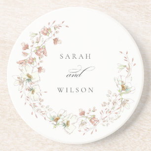 Blush White Rustic Meadow Floral Wreath Wedding Zandsteen Onderzetter