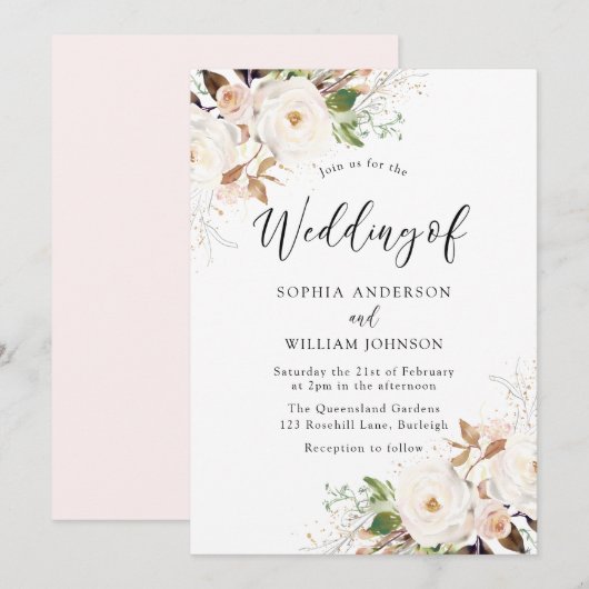 Blush White Wonderland Flowers Faire-part de maria (Devant / Derrière)