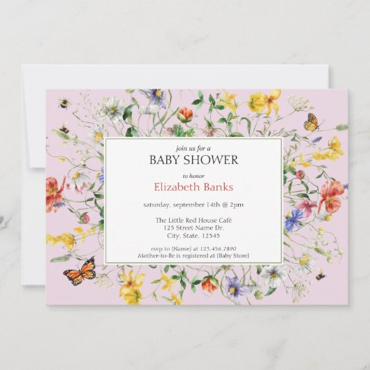 Blush wilde bloemen, bijen en vlinders Baby shower Kaart (Voorkant)