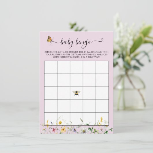 Blush wilde bloemen, bijen en vlinders Bingo spel Informatiekaartje (Staand voorkant)