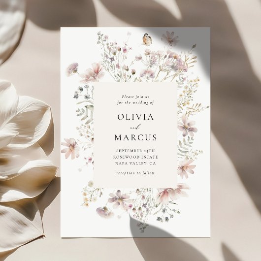 Blush Wildflower Elegant Serif Wedding Invitation