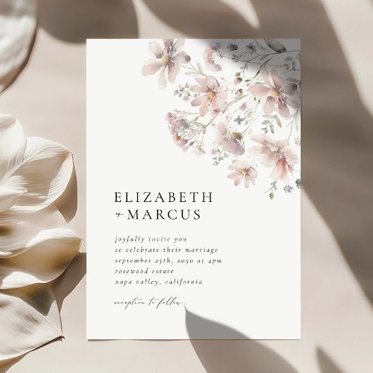 Blush Wildflower Minimal Boho Wedding Invitation Kaart