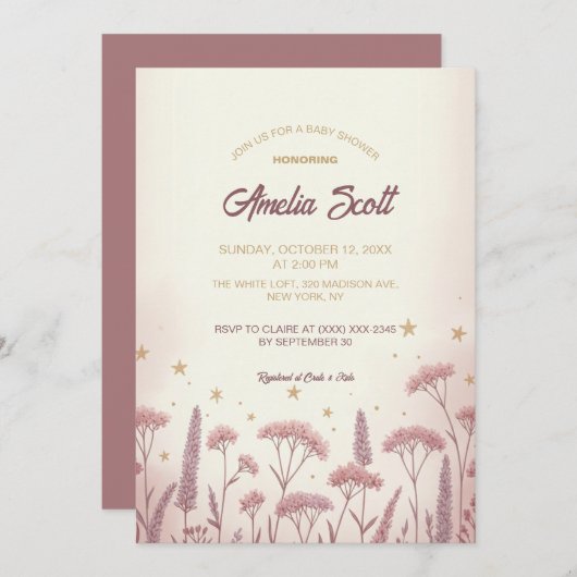 Blush Wildflower Rustiek Baby shower Uitnodiging (Voorkant / Achterkant)