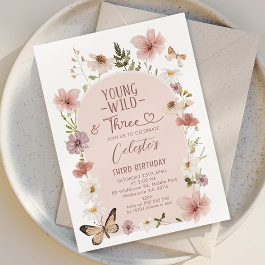 Blush Wildflower Young Wild Three 3rd Birthday Kaart