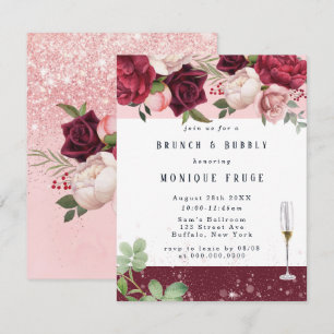 Blush Wine Peony Glitter Brunch & Bubble Invites Kaart