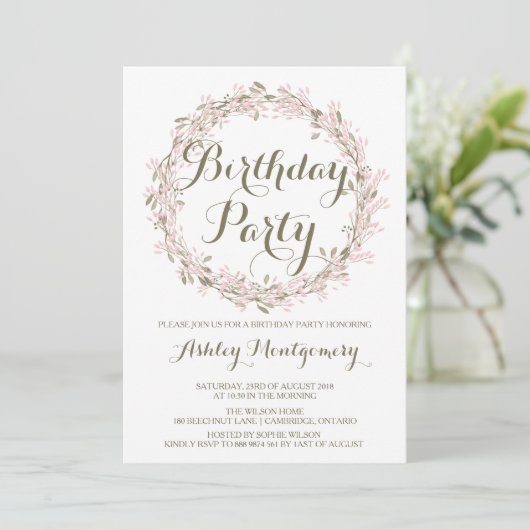 Blush Winter Wreath Birthday Party Invitation Kaart (Staand voorkant)