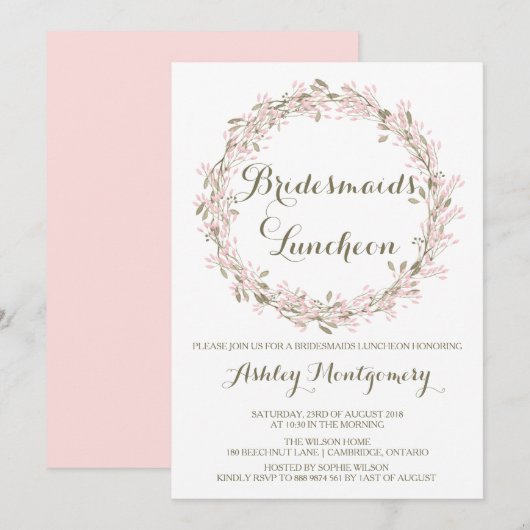 Blush Winter Wreath Bridesmaids Luncheon Invite Kaart (Voorkant / Achterkant)