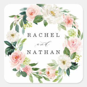 Blush wit bloesem bloemenkrans bruiloft vierkante sticker