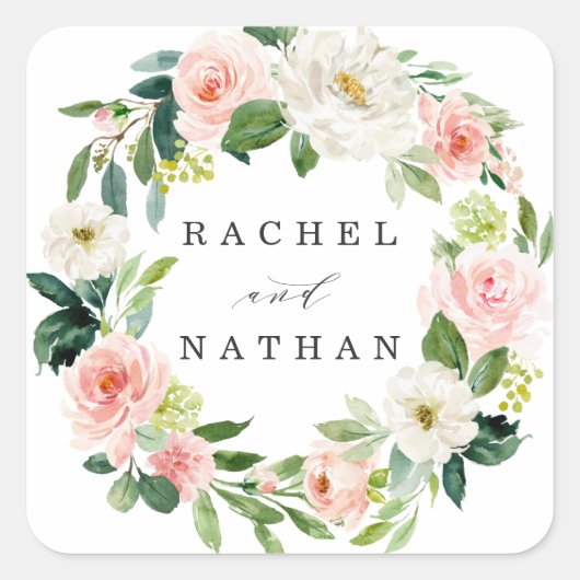 Blush wit bloesem bloemenkrans bruiloft vierkante sticker (Voorkant)