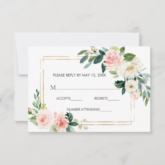 Blush Wit Bloom Goud Lijst Bloemen Bruiloft RSVP (Voorkant)