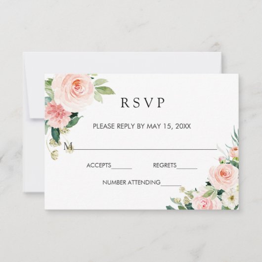 Blush Wit Bloom Goud Lijst Bloemen Bruiloft RSVP (Voorkant)