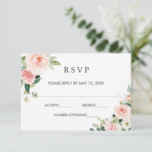 Blush Wit Bloom Goud Lijst Bloemen Bruiloft RSVP (Staand voorkant)