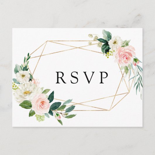 Blush Wit Bloom Goud Lijst Bloemen Bruiloft RSVP Uitnodiging Briefkaart (Voorkant)