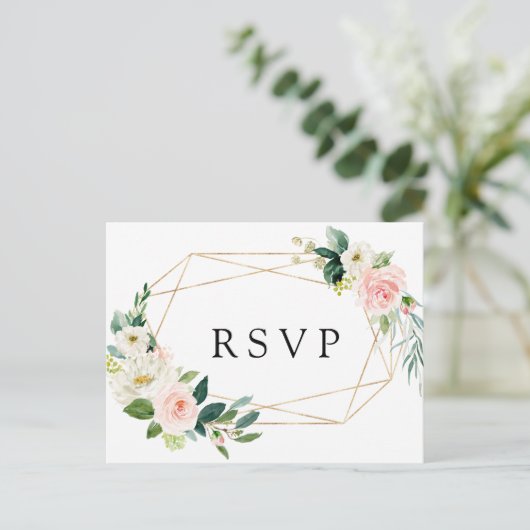 Blush Wit Bloom Goud Lijst Bloemen Bruiloft RSVP Uitnodiging Briefkaart (Staand voorkant)