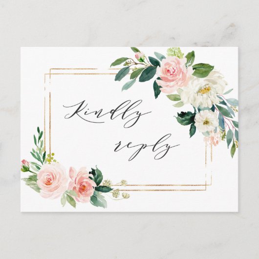 Blush Wit Bloom Goud Lijst Bloemen Bruiloft RSVP Uitnodiging Briefkaart (Voorkant)