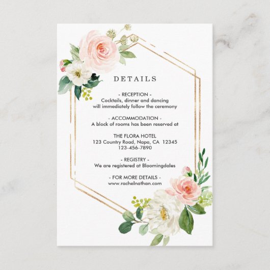 Blush Wit Bloom Goud Lijst Bruiloft Details Informatiekaartje (Voorkant)