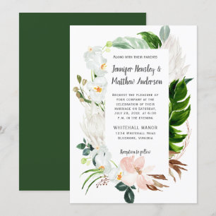 Blush Wit Tropische Bloemen Groen Bruiloft Kaart