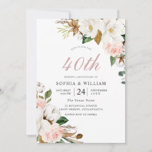 Blush & Witte Bloemen 40-jarig Huwelijksjubileum Kaart