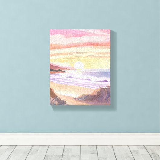 Blush Zee Sunset | Strand Waterverf schilderij Canvas Afdruk (Insitu (Houten vloer))