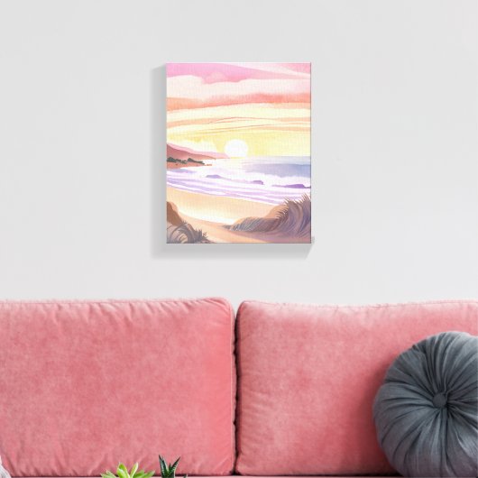 Blush Zee Sunset | Strand Waterverf schilderij Canvas Afdruk (Insitu (Woonkamer))