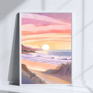 Blush Zee Zonsondergang   Strand Aquarel Schilderi Poster