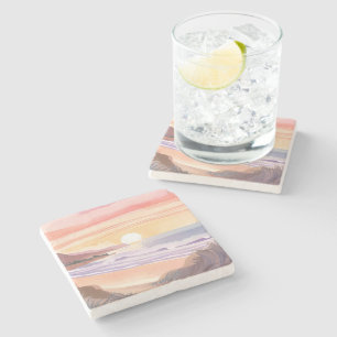 Blush Zee Zonsondergang Strand Aquarel Schilderi Stenen Onderzetter