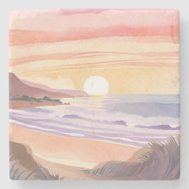 Blush Zee Zonsondergang | Strand Aquarel Schilderi Stenen Onderzetter