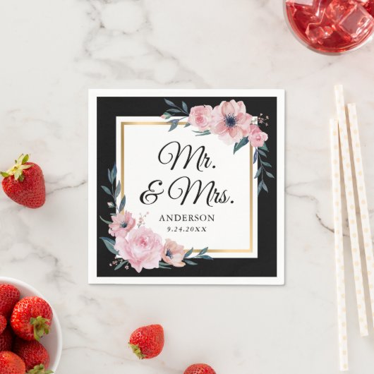 Blush Zwart Goud Bloemen Mr & Mrs Wedding Servet (Insitu)