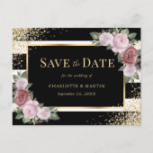 Blush Zwart Goud Bloemen Trouwen Save The Date Aankondigingskaart (Voorkant)