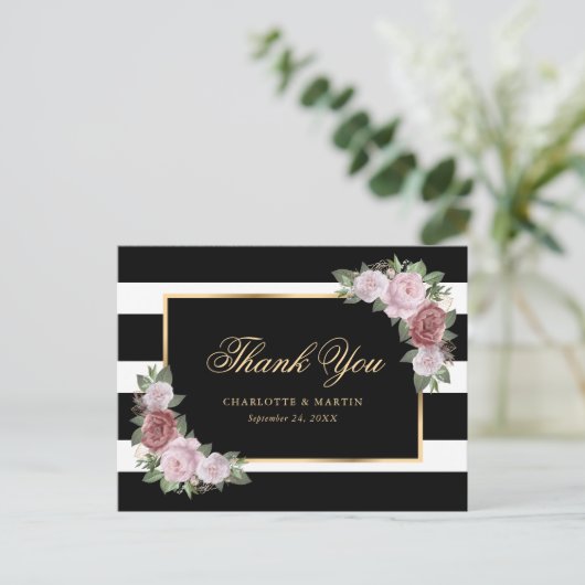Blush Zwart Wit Goud Bloemen Huwelijk Dank u Briefkaart (Staand voorkant)