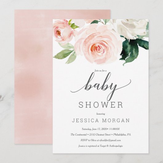 Blushing Blooms Baby shower Invitation Kaart (Voorkant / Achterkant)