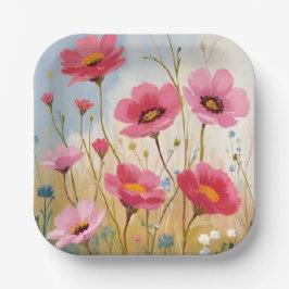 Blushing Blooms | Pink Flower Meadow Floral Papieren Bordje