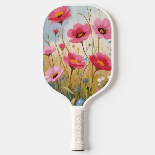 Blushing Blooms | Pink Flower Meadow Floral Pickleball Paddle (Voorkant)